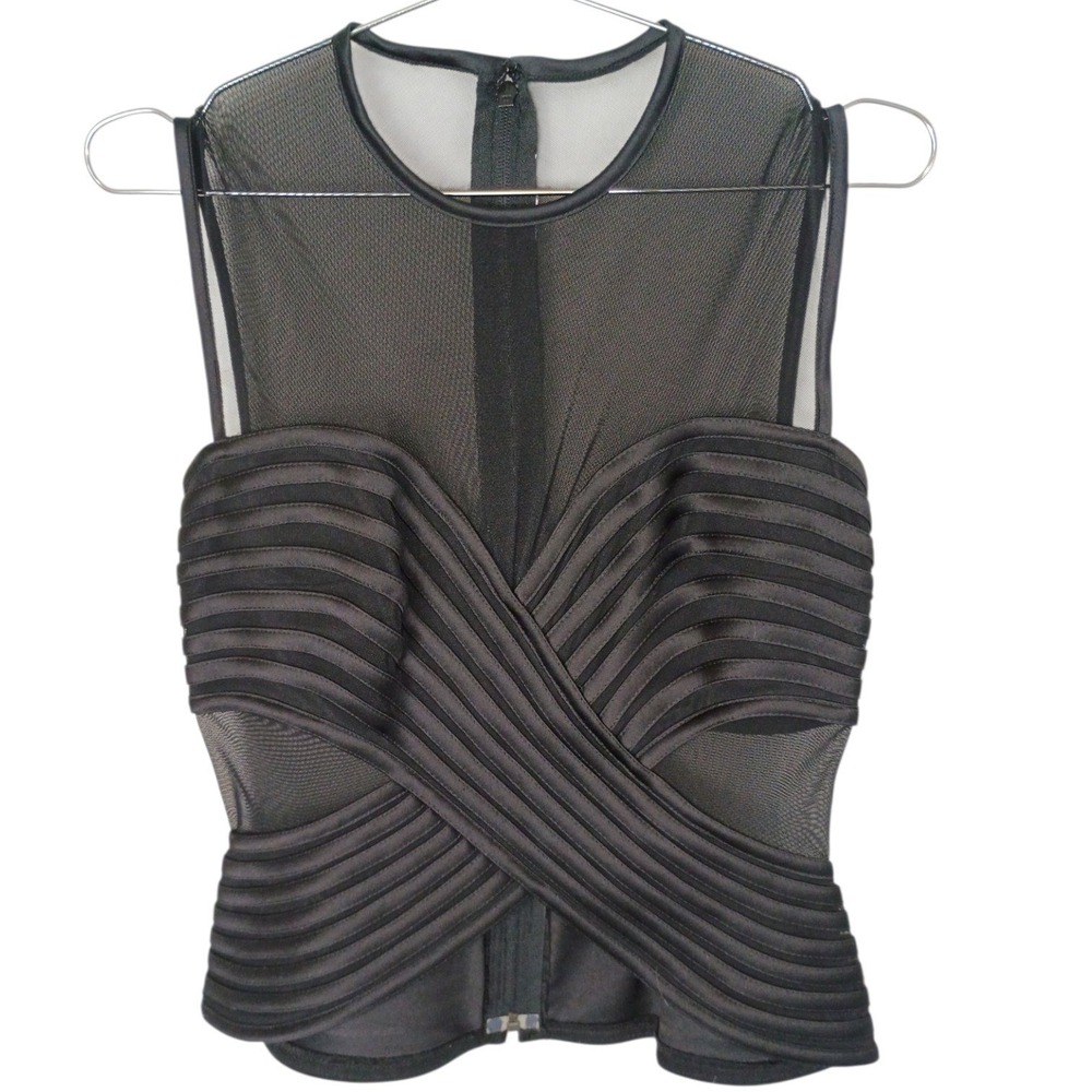 Vintage Black Mesh Bandage Crossover Sleeveless Top Corset Style Back Zip Sz S/M